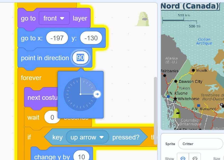 Block code in Scratch with the "point in direction 90" block being changed