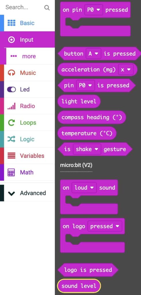 Input Tab selected with ‘Sound Level’ block highlighted