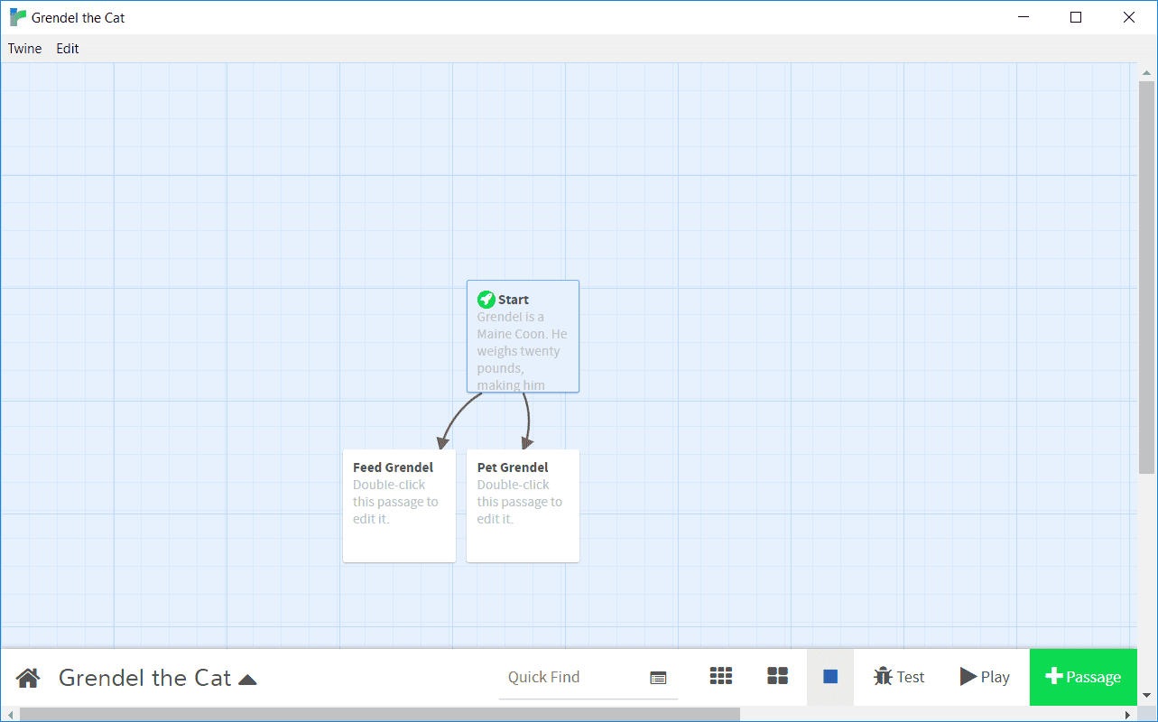 The Twine editor screen showing three passages with lines connecting them. 