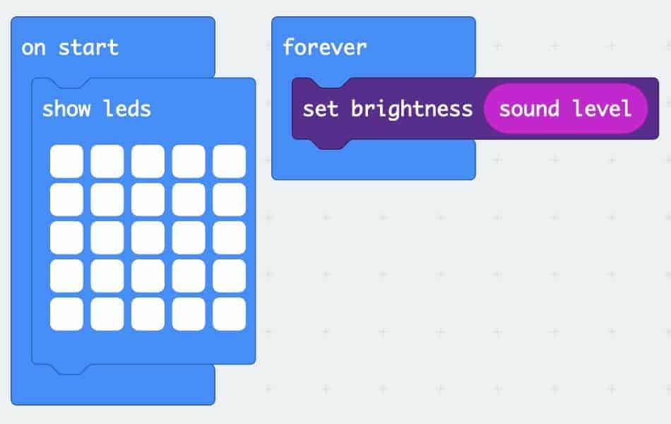 ‘On Start’ Loop with ‘Show LEDs’ block inside with all the LEDs clicked on. Beside it is a ‘Forever’ loop with a  ‘Set brightness ‘Sound Level’ block inside