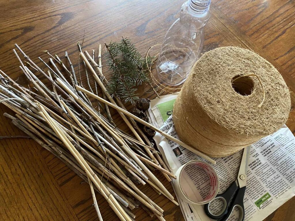 sticks, twigs, pine cones, tree bark, hollow reeds, bamboo stems