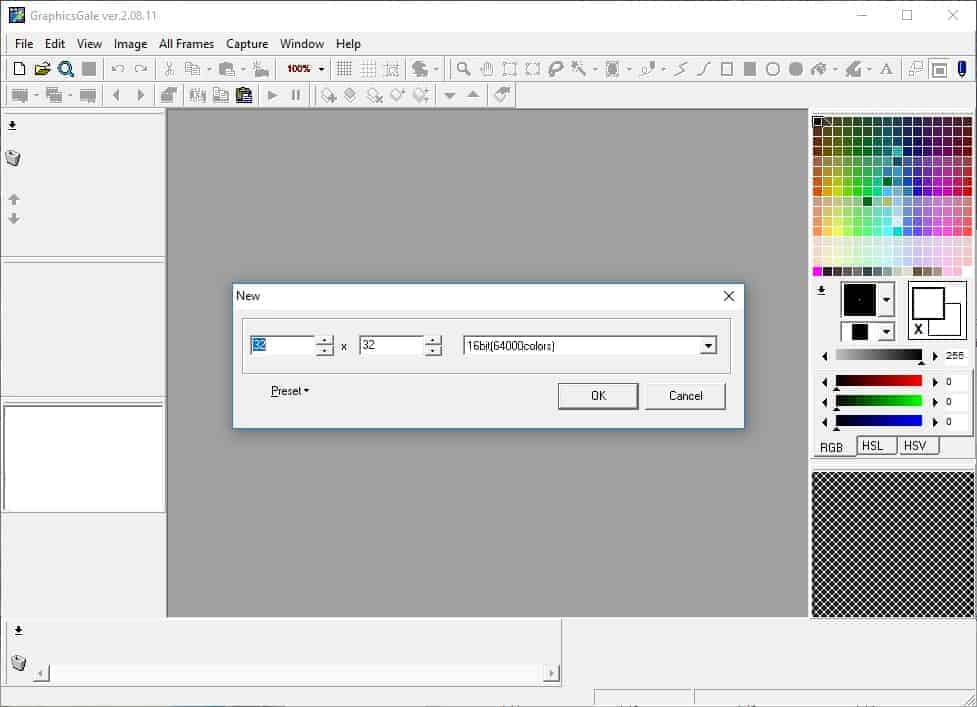 New file created with 32 x 32 canvas and 16-bit colour.