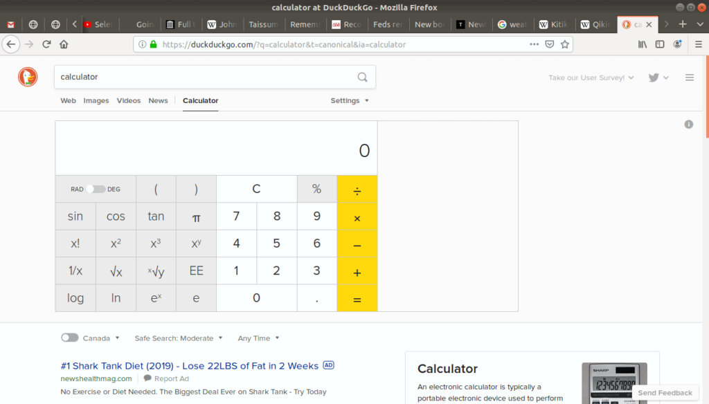 A calculator open on duckduckgo.
