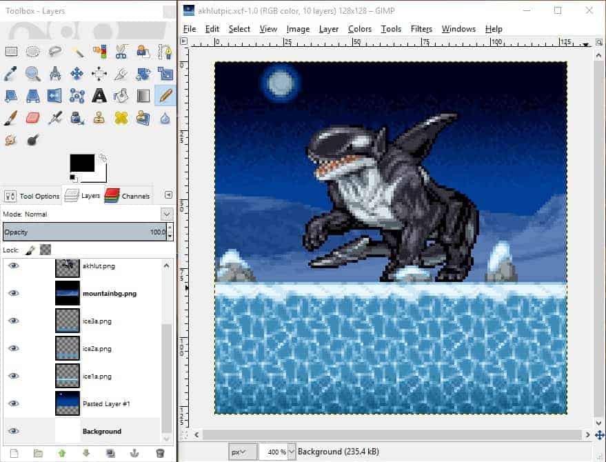 GIMP screenshot of character sprite added over the background.