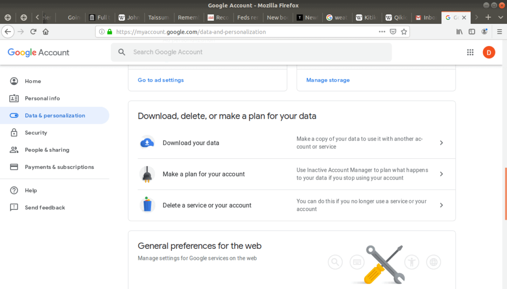 Delete your account option located in data & personalization menu.