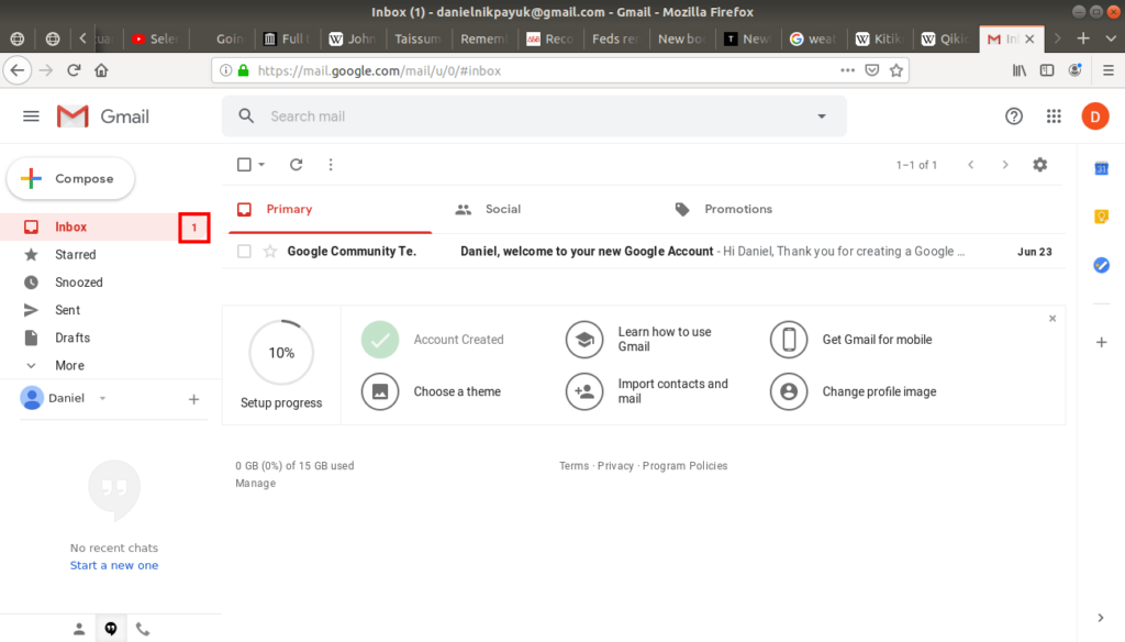 Inbox highlighted on Gmail.