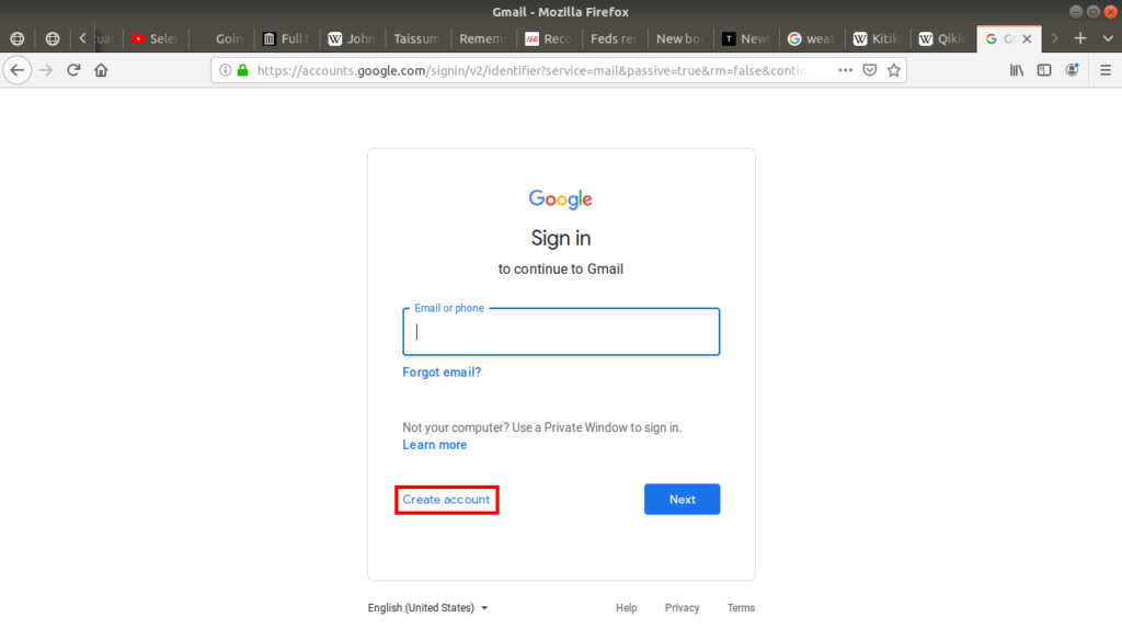 Create an account highlighted on Gmail default page.