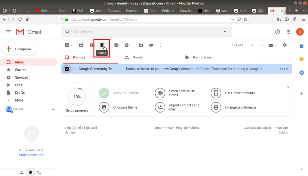 Delete button on tool bar highlighted on Gmail.