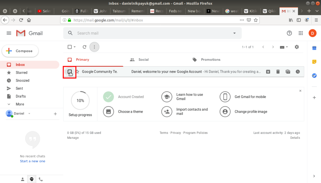 Mouse hovering over the check box of the Google Community email.