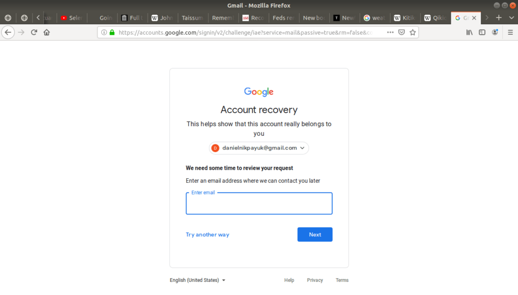 Gmail requesting another email for account recovery so they can contact you.