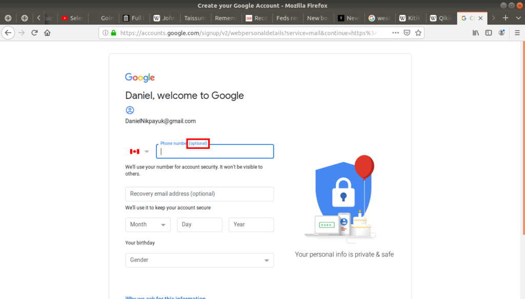 Phone number (optional) highlighted on Gmail.