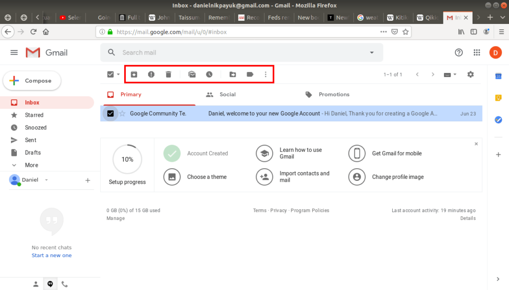 Tool bar highlighted at the top of the inbox in Gmail.
