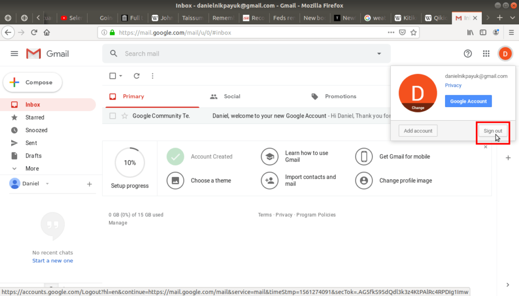 Gmail account sign out option highlighted on Gmail.