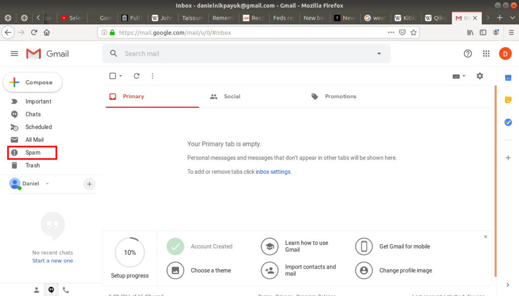 Spam folder highlighted in Gmail.