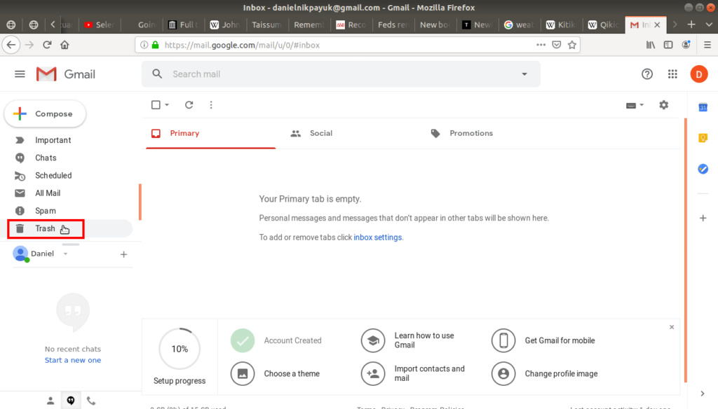 Trash folder highlighted in Gmail.