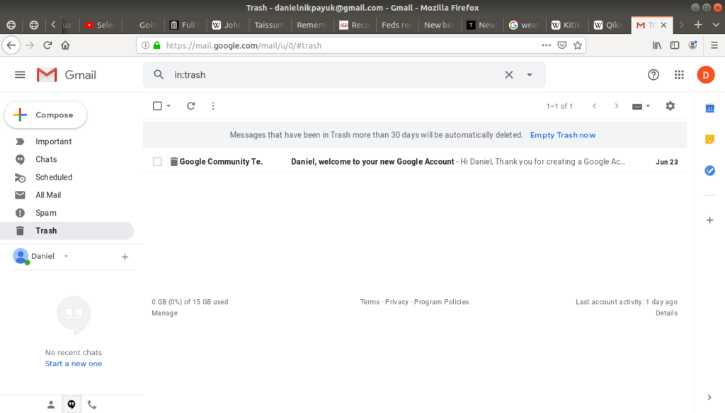 Trash folder highlighted in Gmail.