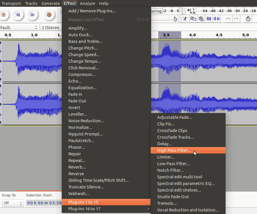 A screenshot displaying the High Pass Filter action in audacity.