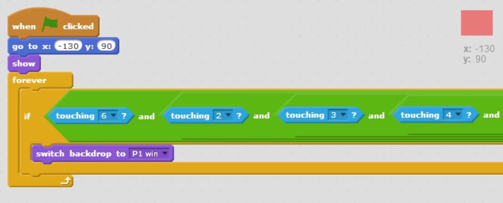 Scratch code blocks setting the starting location and show, and also adding an if loop with and operators within and operators.