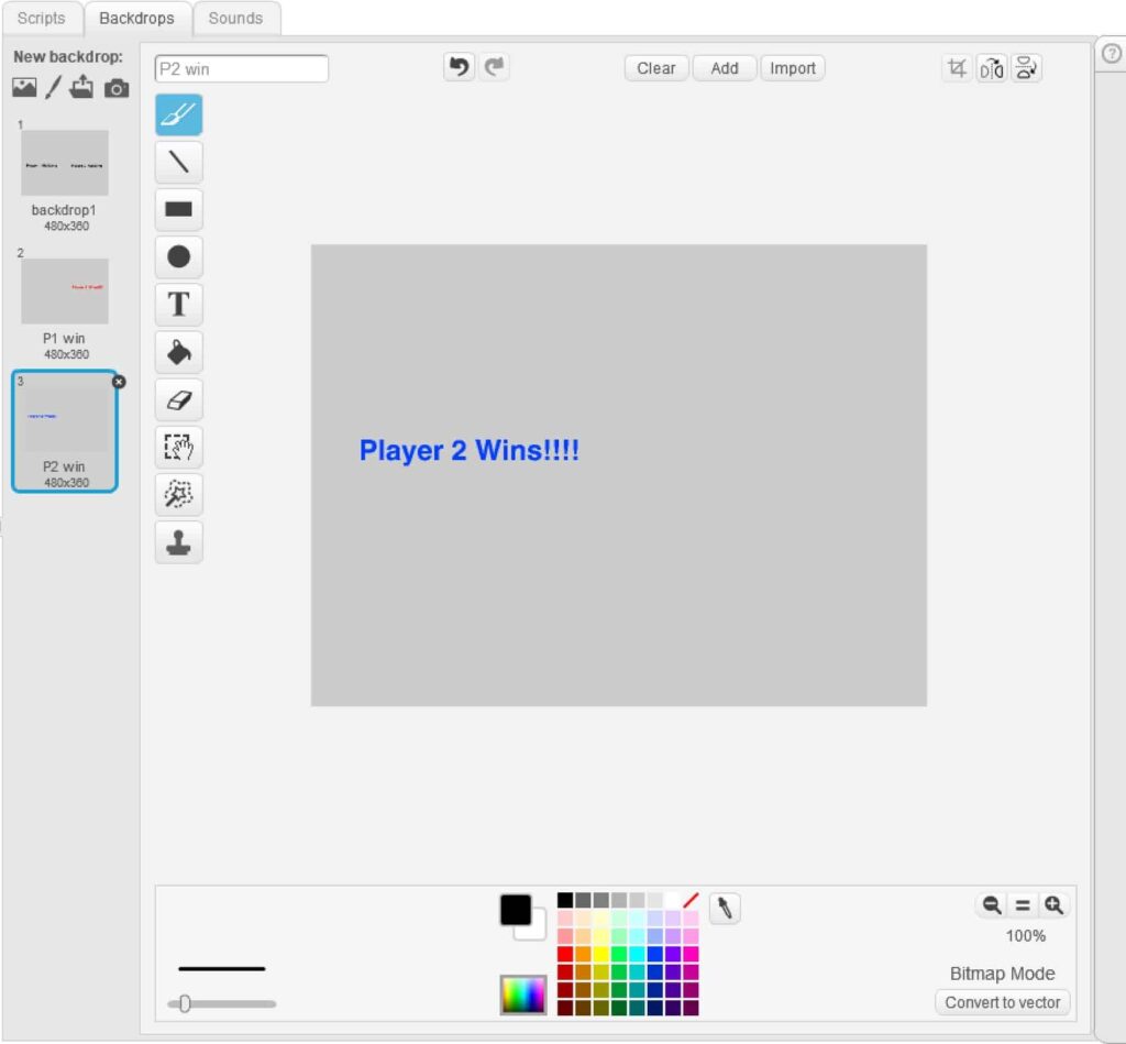 Player 2 winner backdrop being edited.