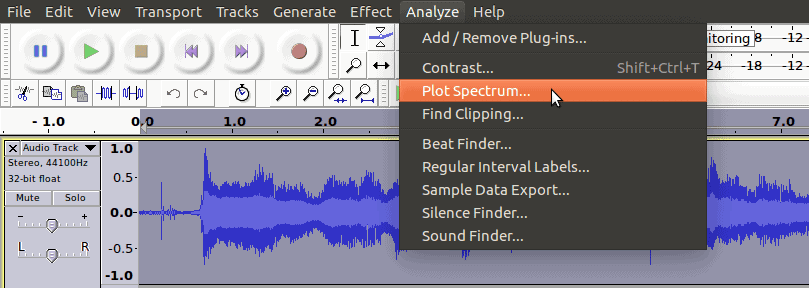 A screenshot displaying the plot spectrum action in audacity.