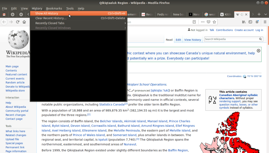 "Show all history" tab open on browser.