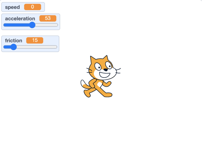Scratch cat is placed in the centre of a white screen, above the scratch cat is 3 scratch blocks that say speed, acceleration and friction.