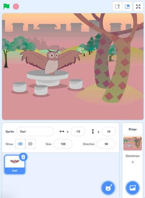 The scratch backdrop is displayed on the top half of the screen, with a pink background and an owl in the middle with a tree along the side. The bottom half displays the buttons to set up your backdrop.
