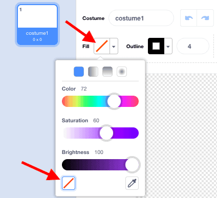 A "Fill" drop down menu in Scratches Costume window, with red arrows pointing towards the transparent options.