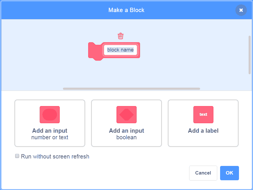 Make a block in Scratch window.