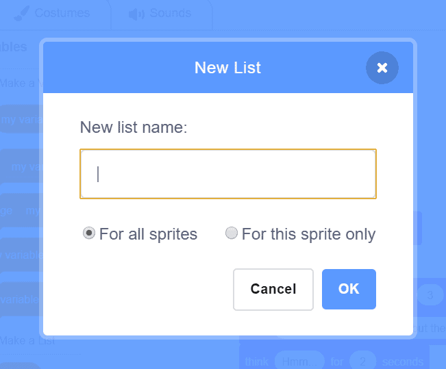 Scratch "New List" window.