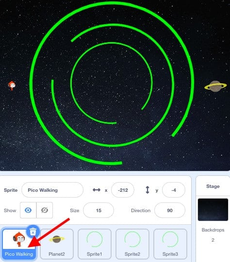 Screen capture of Scratch window, a red arrow points at the "Pico Walking" sprite.