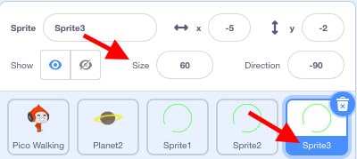 Scratch sprite window. A red arrow points towards "Sprite3".