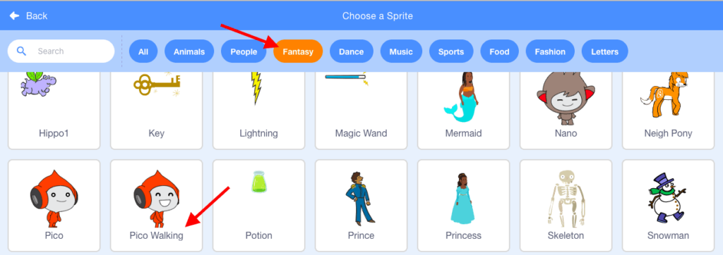 Scratch sprite select window, with a red arrow pointing towards the Pico sprite in the bottom left corner.