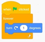 When green flag clicked, forever, turn 1 degrees blocks connected in Scratch.