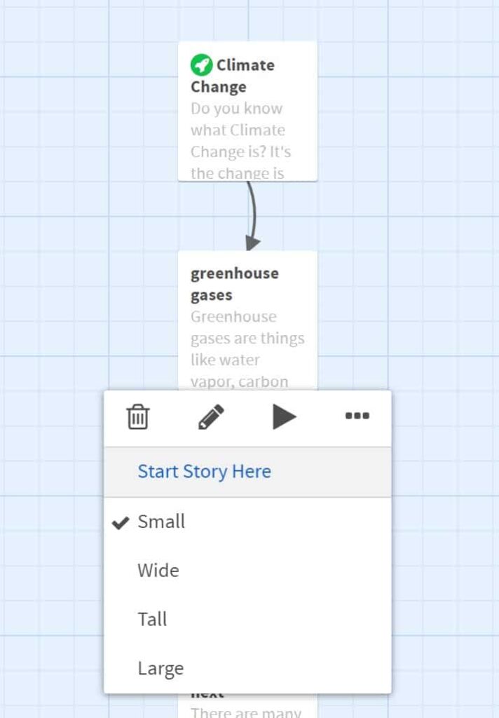Changing where the story starts in Twine. There is a menu that displays delete, edit, play and ellipsis. Below the main menu is a drop down menu where the story can be set to start and the size can be adjusted.