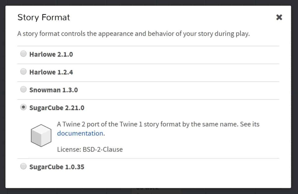 Story Format selection menu in Twine. There are five formats to select from and SugarCube 2.21.0 selected.