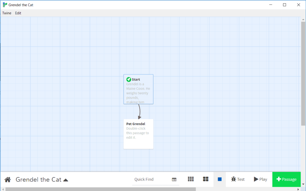 The Twine editor screen showing two passages with a line connecting them. 
