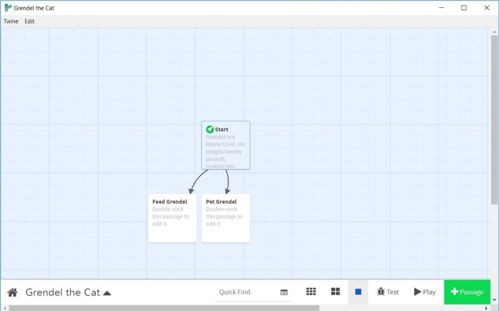 The Twine editor screen showing three passages with lines connecting them. 
