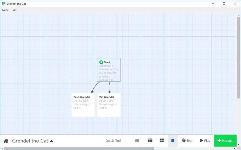 The Twine Play window showing a paragraph of text and two choices. 