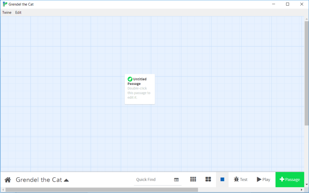 The Twine software showing a new story with a single blank passage. 