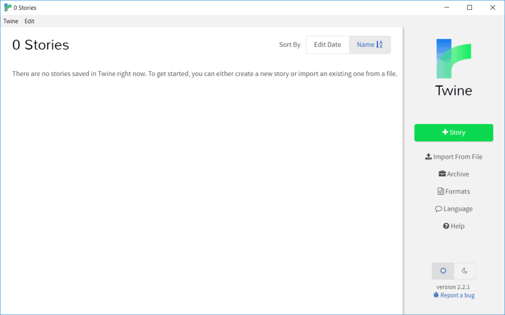 The Twine software showing there are currently no stories. 
